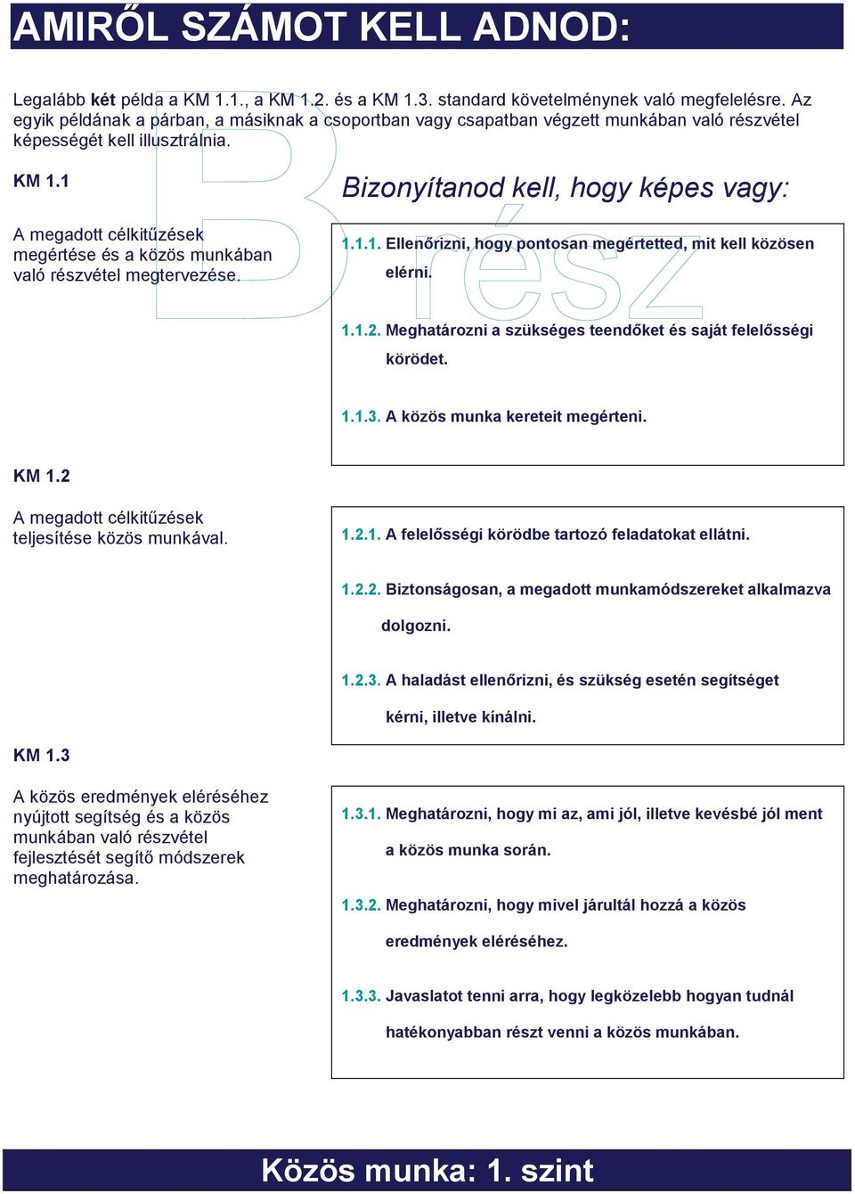 1 A megadott célkitűzések megértése és a közös munkában való részvétel megtervezése. Bizonyítanod kell, hogy képes vagy: 1.1.1. Ellenőrizni, hogy pontosan megértetted, mit kell közösen elérni. 1.1.2.