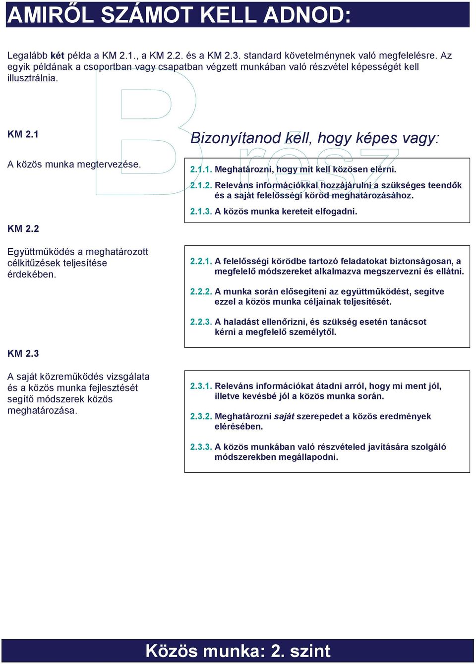 Bizonyítanod kell, hogy képes vagy: 2.1.1. Meghatározni, hogy mit kell közösen elérni. 2.1.2. Releváns információkkal hozzájárulni a szükséges teendők és a saját felelősségi köröd meghatározásához. 2.1.3.