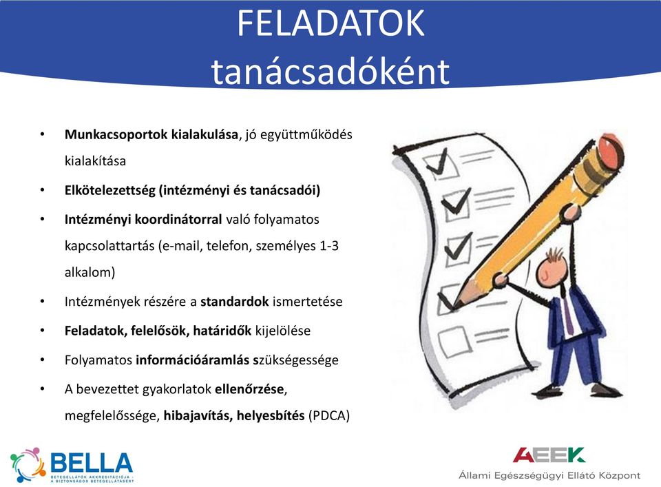 alkalom) Intézmények részére a standardok ismertetése Feladatok, felelősök, határidők kijelölése Folyamatos