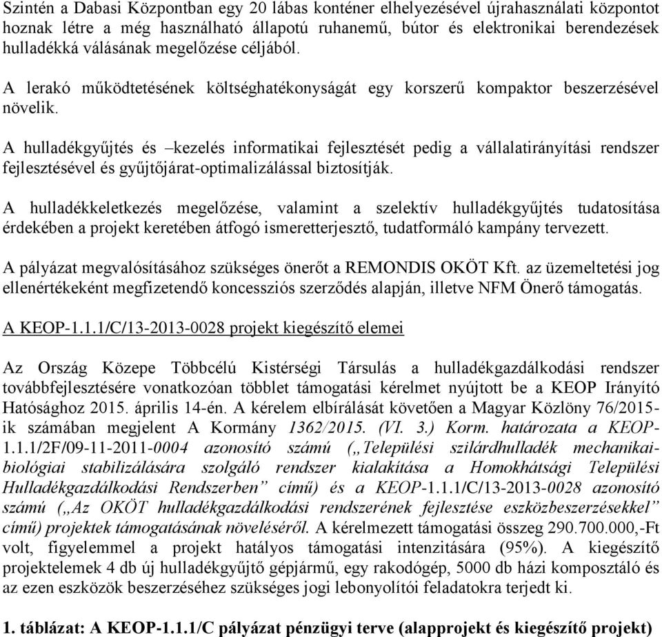 A hulladékgyűjtés és kezelés informatikai fejlesztését pedig a vállalatirányítási rendszer fejlesztésével és gyűjtőjárat-optimalizálással biztosítják.