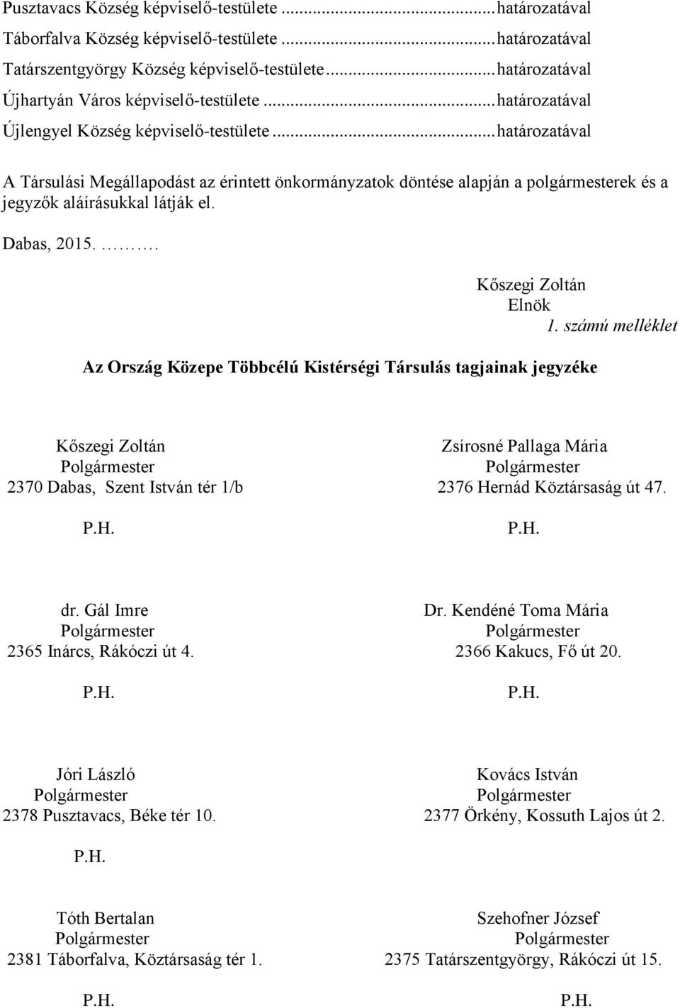 .. határozatával A Társulási Megállapodást az érintett önkormányzatok döntése alapján a polgármesterek és a jegyzők aláírásukkal látják el. Dabas, 2015.. Kőszegi Zoltán Elnök 1.