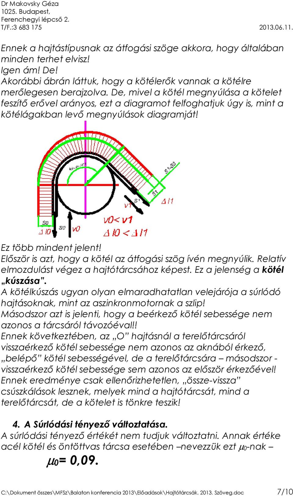 Elıször is azt, hogy a kötél az átfogási szög ívén megnyúlik. Relatív elmozdulást végez a hajtótárcsához képest. Ez a jelenség a kötél kúszása.