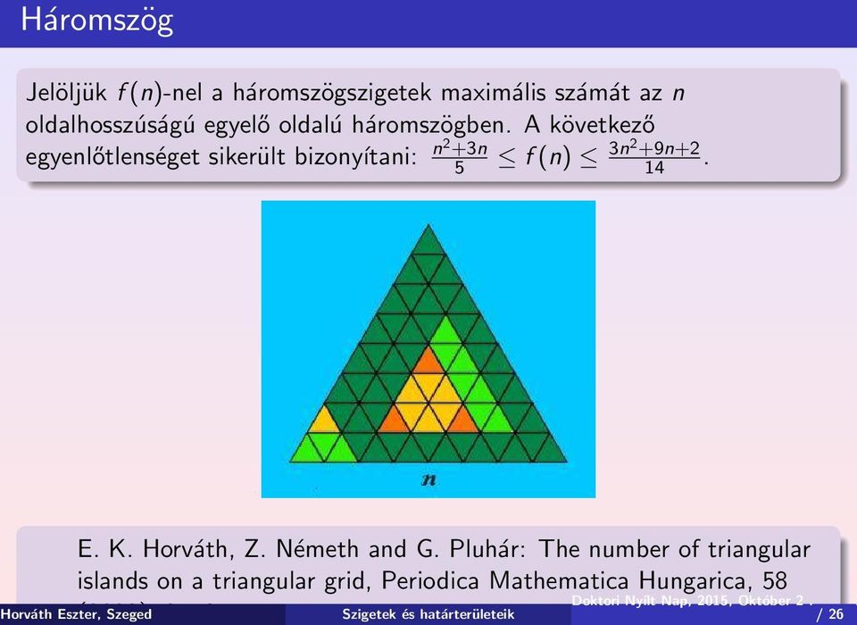 Pluhár: The number of triangular islands on a triangular grid, Periodica Mathematica Hungarica, 58 Horváth Eszter,