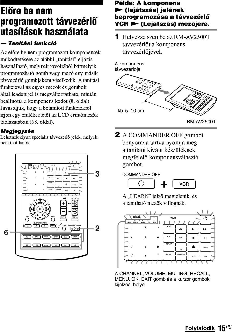 oldal). Javasoljuk, hogy a betanított funkciókról írjon egy emlékeztetőt az LCD érintőmezők táblázatában (68. oldal). Megjegyzés Lehetnek olyan speciális távvezérlő jelek, melyek nem taníthatók.