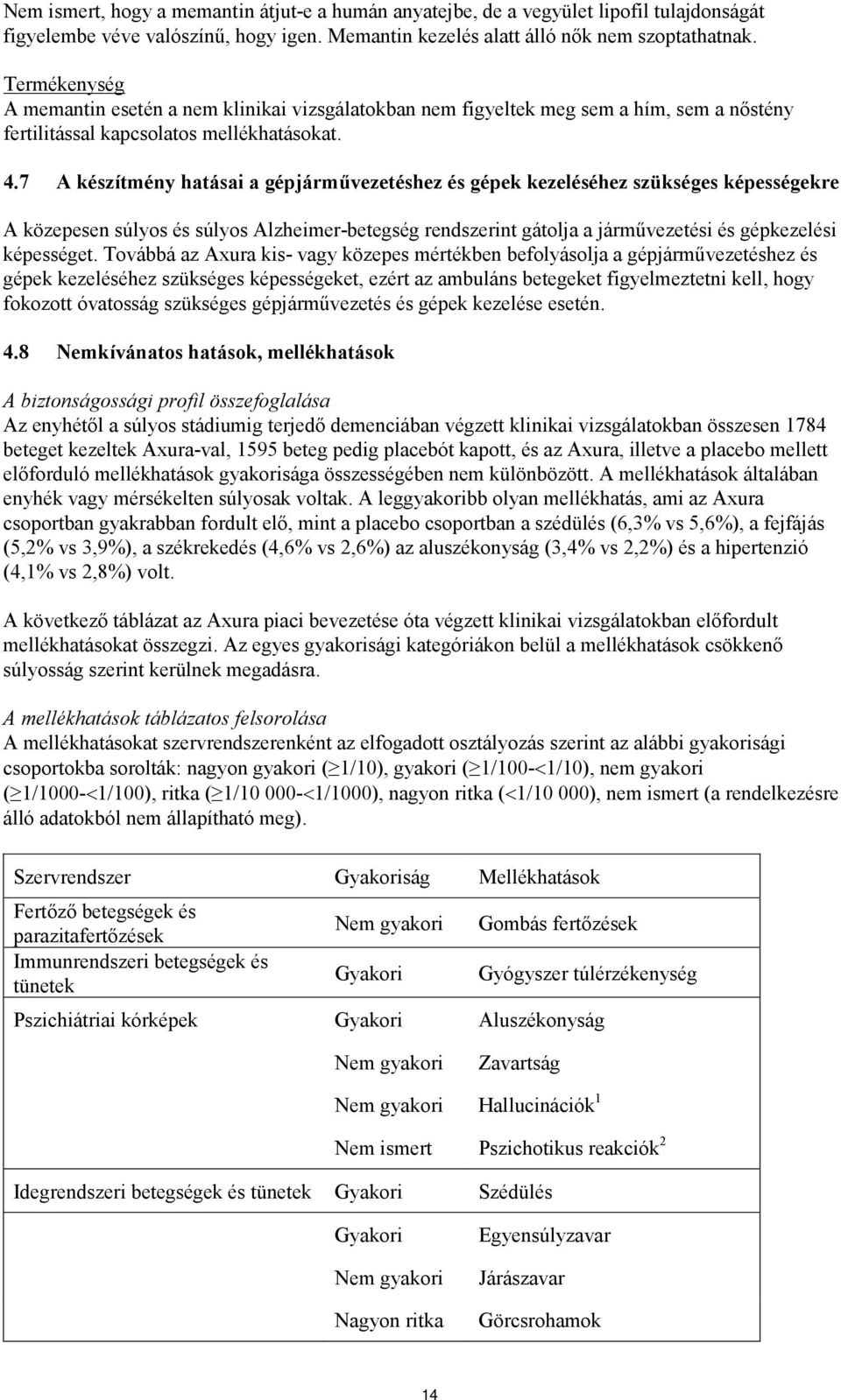 7 A készítmény hatásai a gépjárművezetéshez és gépek kezeléséhez szükséges képességekre A közepesen súlyos és súlyos Alzheimer-betegség rendszerint gátolja a járművezetési és gépkezelési képességet.