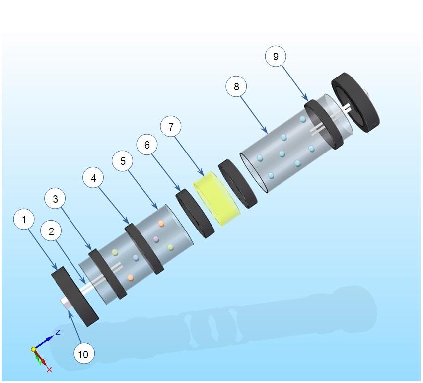 34. ábra Az új fejlesztésű módosított diffúziós cella részei sematikus ábrán Részei: 1. Lezáró kupak 2. Elektróda pár 3. Feltöltő csonk 4. Túlnyomás szabályzó csap 5.