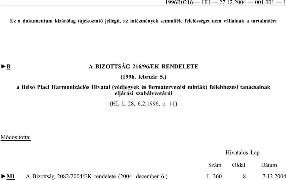 tartalmáért B A BIZOTTSÁG 216/96/EK RENDELETE (1996. február 5.