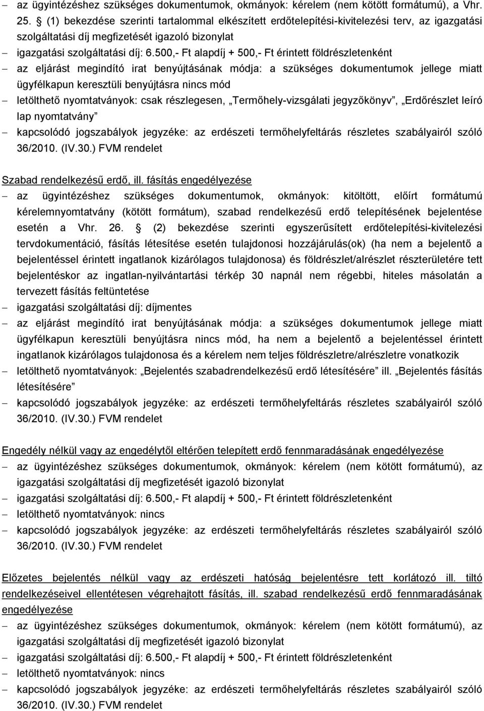 jegyzéke: az erdészeti termőhelyfeltárás részletes szabályairól szóló 36/2010. (IV.30.) FVM rendelet Szabad rendelkezésű erdő, ill.