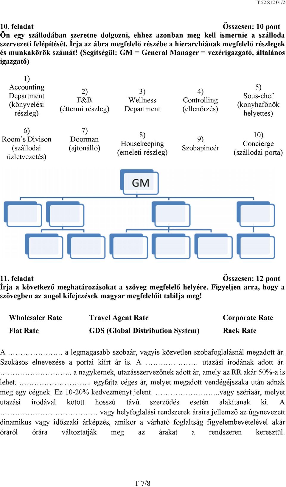 (Segítségül: GM = General Manager = vezérigazgató, általános igazgató) 1) Accounting Department (könyvelési részleg) 2) F&B (éttermi részleg) 3) Wellness Department 4) Controlling (ellenőrzés) 5)