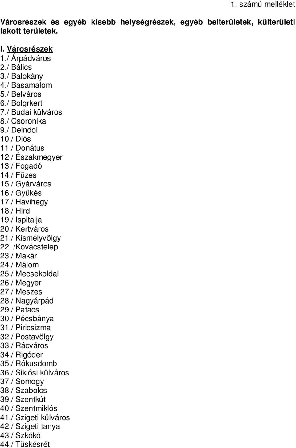 / Ispitalja 20./ Kertváros 21./ Kismélyvölgy 22. /Kovácstelep 23./ Makár 24./ Málom 25./ Mecsekoldal 26./ Megyer 27./ Meszes 28./ Nagyárpád 29./ Patacs 30./ Pécsbánya 31./ Piricsizma 32.