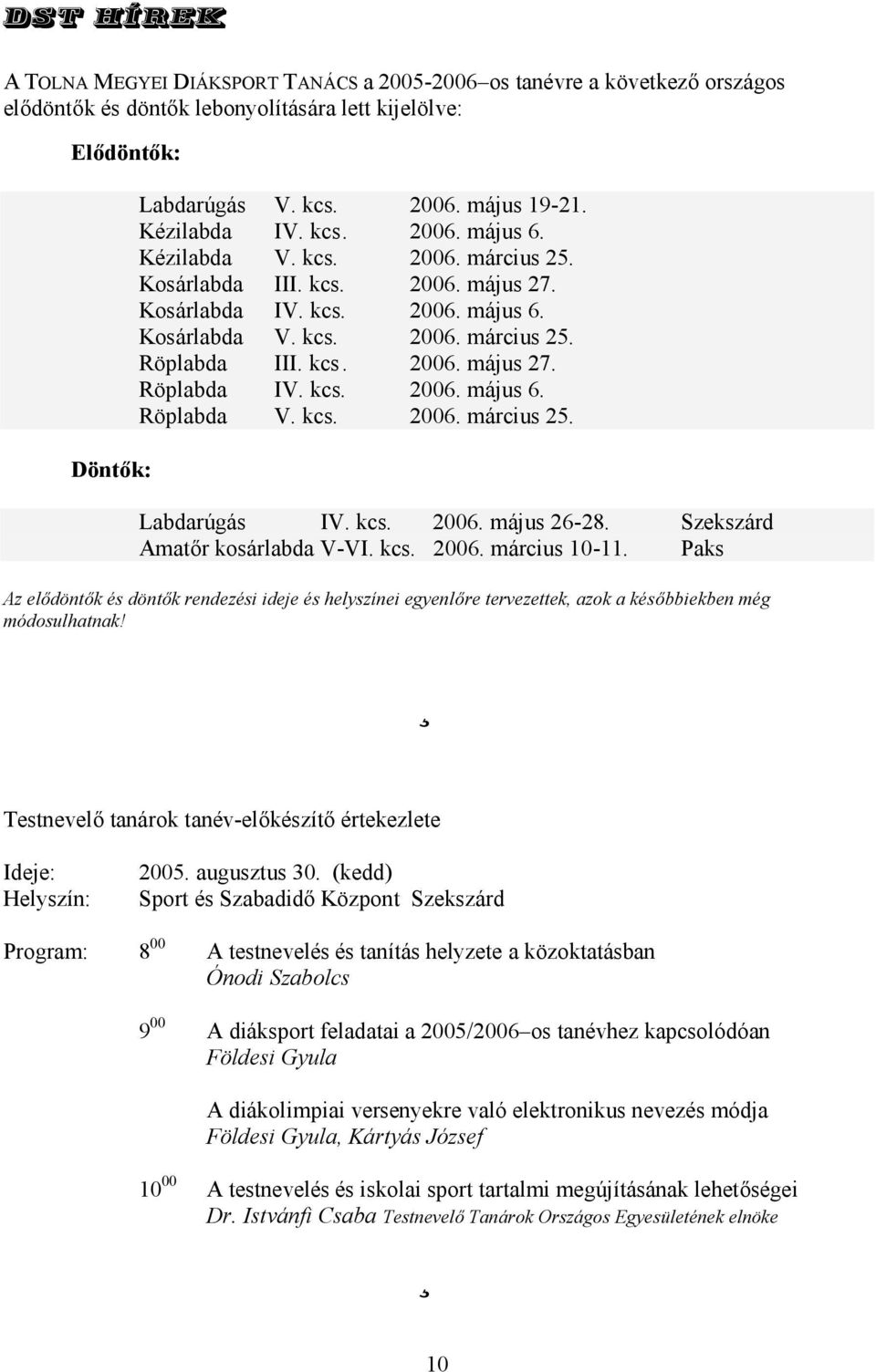 kcs. 2006. május 6. Röplabda V. kcs. 2006. március 25. Labdarúgás IV. kcs. 2006. május 26-28. Szekszárd Amatőr kosárlabda V-VI. kcs. 2006. március 10-11.