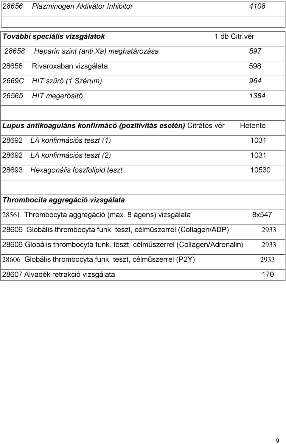 esetén) Citrátos vér Hetente 28692 LA konfirmációs teszt (1) 1031 28692 LA konfirmációs teszt (2) 1031 28693 Hexagonális foszfolipid teszt 10530 Thrombocita aggregáció vizsgálata 28561