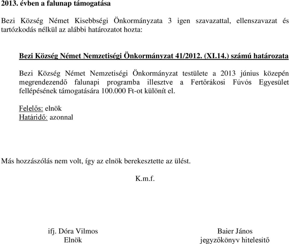 ) számú határozata Bezi Község Német Nemzetiségi Önkormányzat testülete a 2013 június közepén megrendezendő falunapi programba