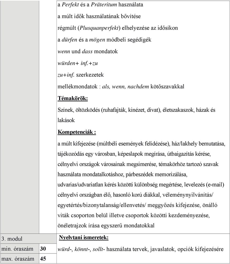 szerkezetek mellékmondatok : als, wenn, nachdem kötőszavakkal Színek, öltözködés (ruhafajták, kinézet, divat), életszakaszok, házak és lakások Kompetenciák : a múlt kifejezése (múltbéli események