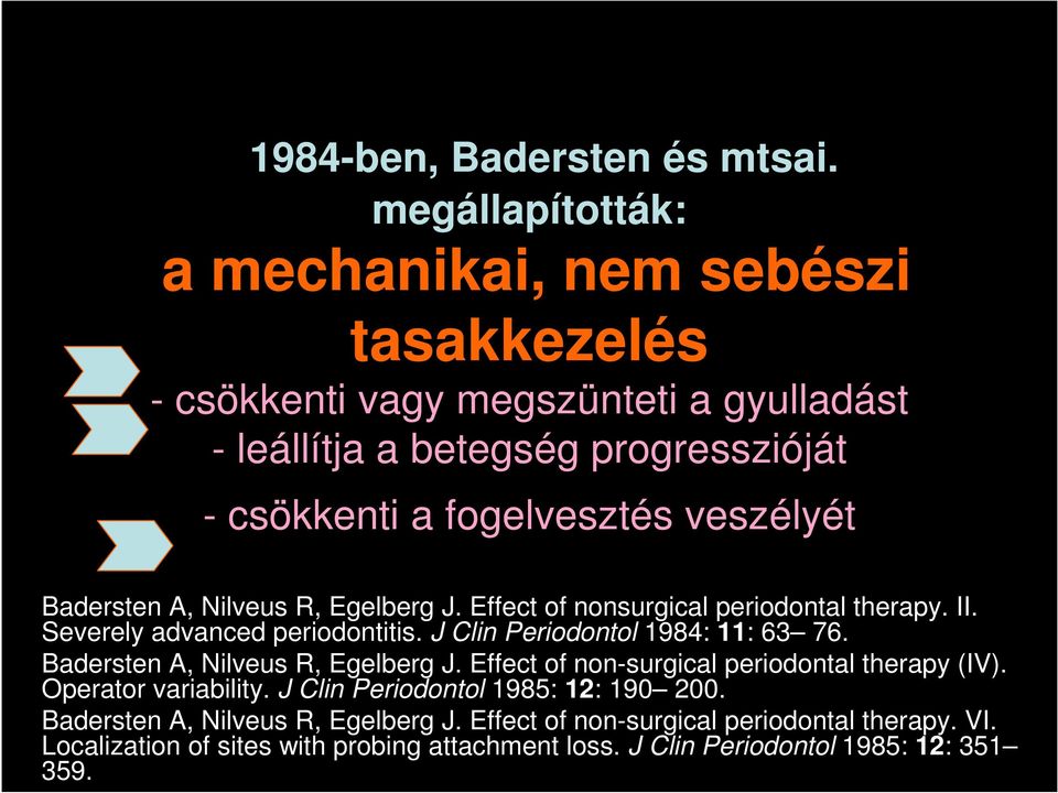 veszélyét Badersten A, Nilveus R, Egelberg J. Effect of nonsurgical periodontal therapy. II. Severely advanced periodontitis. J Clin Periodontol 1984: 11: 63 76.
