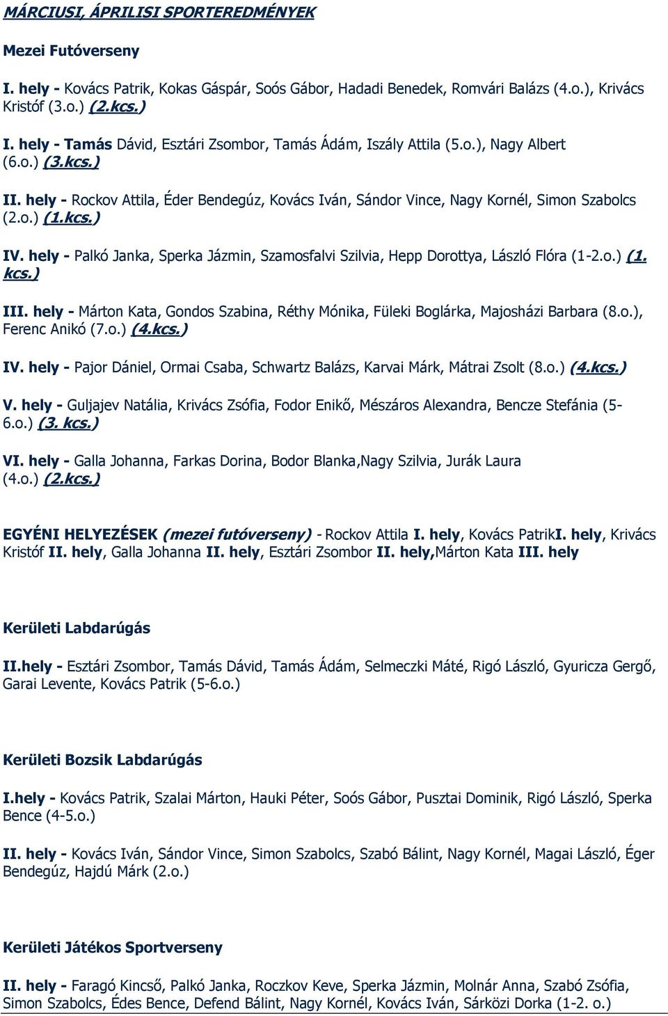 kcs.) IV. hely - Palkó Janka, Sperka Jázmin, Szamosfalvi Szilvia, Hepp Dorottya, László Flóra (1-2.o.) (1. kcs.) III.