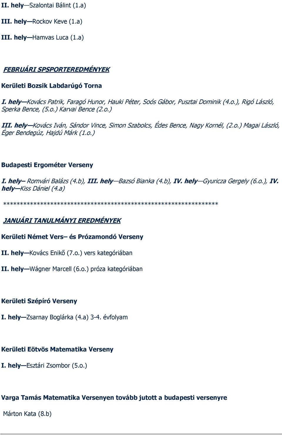 hely Kovács Iván, Sándor Vince, Simon Szabolcs, Édes Bence, Nagy Kornél, (2.o.) Magai László, Éger Bendegúz, Hajdú Márk (1.o.) Budapesti Ergométer Verseny I. hely Romvári Balázs (4.b), III.