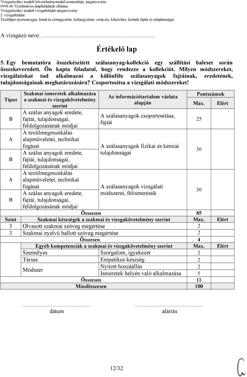 Típus A A Szakmai ismeretek alkalmazása a szakmai és vizsgakövetelmény szerint A szálas anyagok eredete, fajtái, tulajdonságai, A textilmegmunkálás alapműveletei, technikai fogásai A szálas anyagok