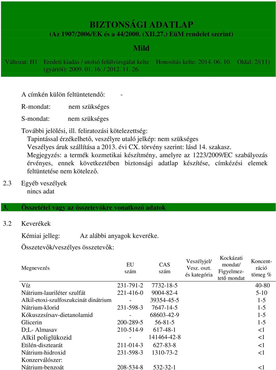 Megjegyzés: a termék kozmetikai készítmény, amelyre az 1223/2009/EC szabályozás érvényes, ennek következtében biztonsági adatlap készítése, címkézési elemek feltüntetése nem kötelező. 2.