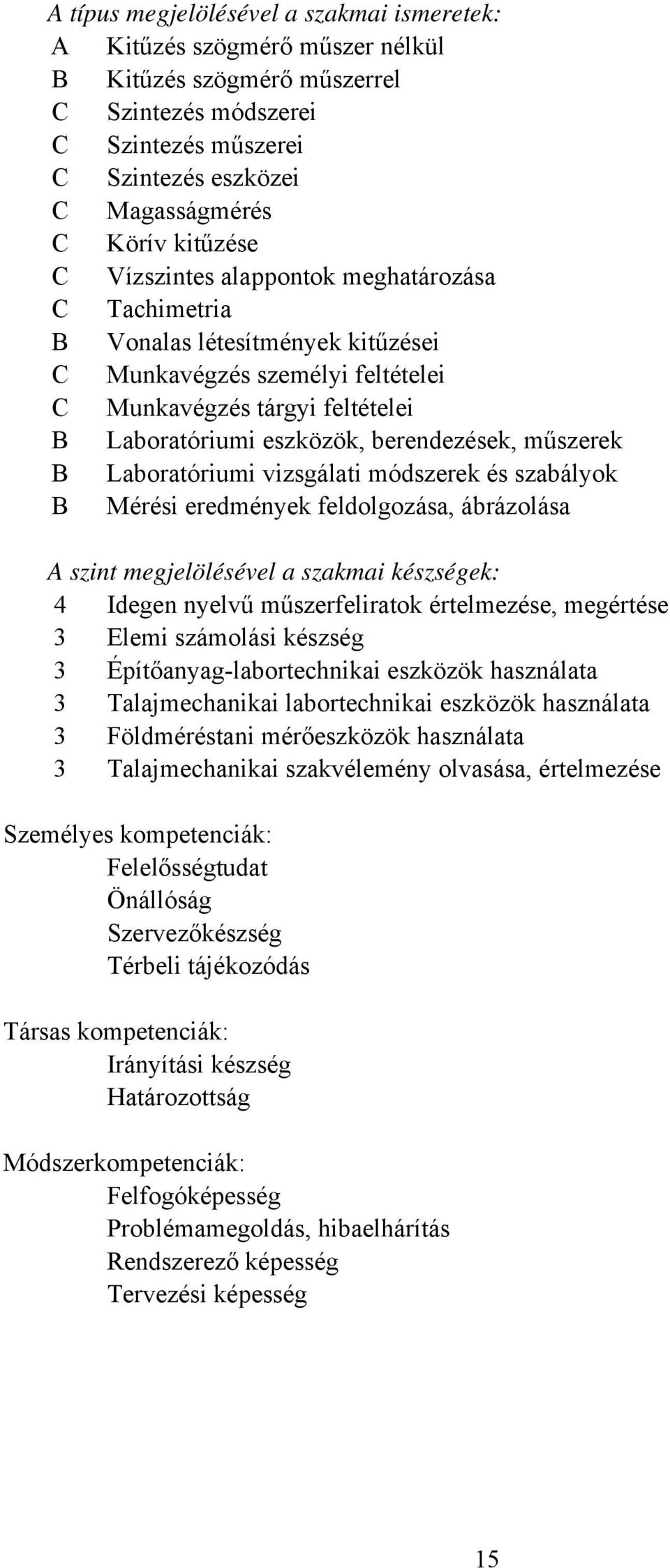 Laboratóriumi vizsgálati módszerek és szabályok B Mérési eredmények feldolgozása, ábrázolása A szint megjelölésével a szakmai készségek: 4 Idegen nyelvű műszerfeliratok értelmezése, megértése 3 Elemi