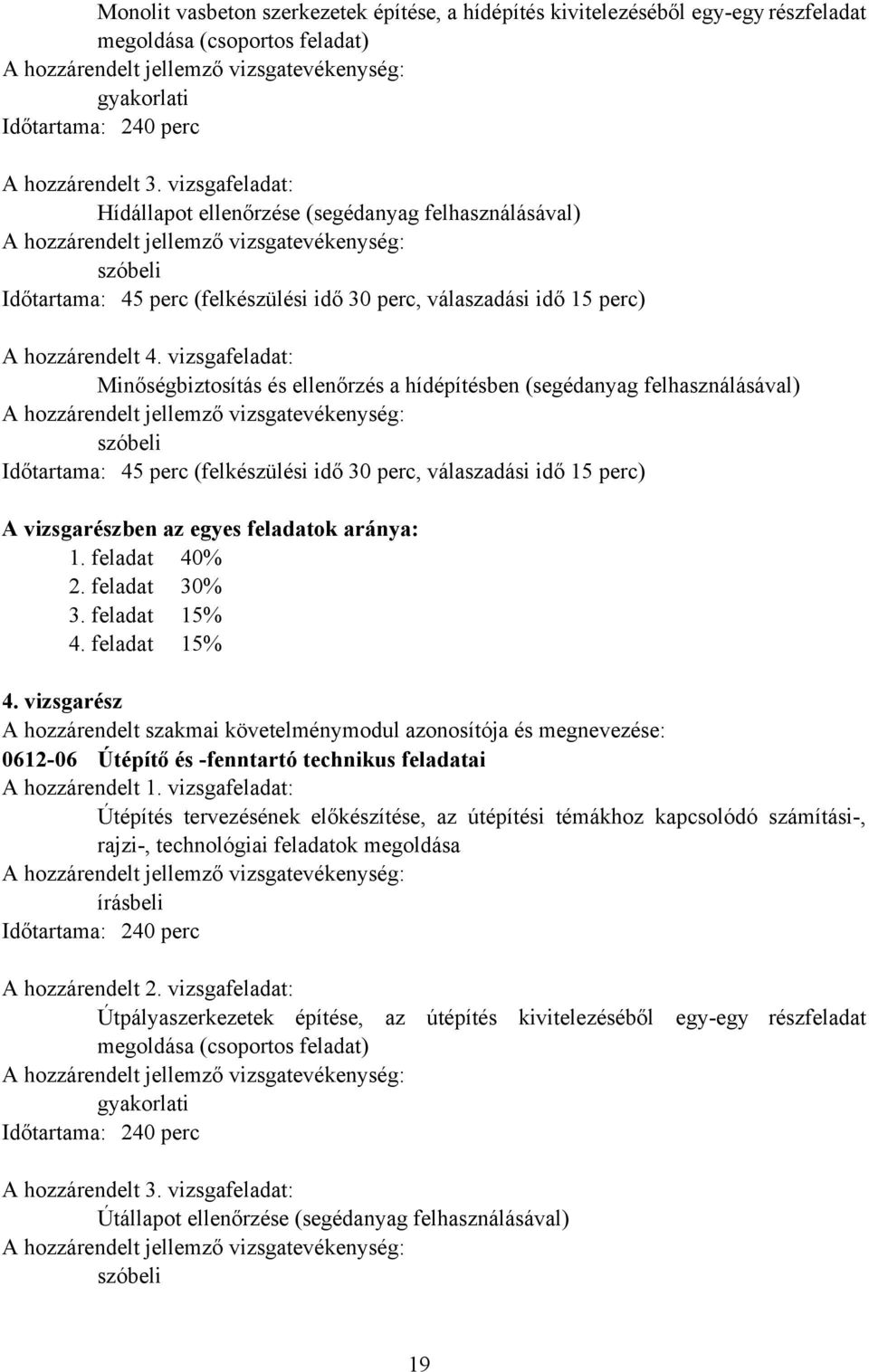 vizsgafeladat: Minőségbiztosítás és ellenőrzés a hídépítésben (segédanyag felhasználásával) A vizsgarészben az egyes feladatok aránya: 1. feladat 40% 2. feladat 30% 3. feladat 15% 4.