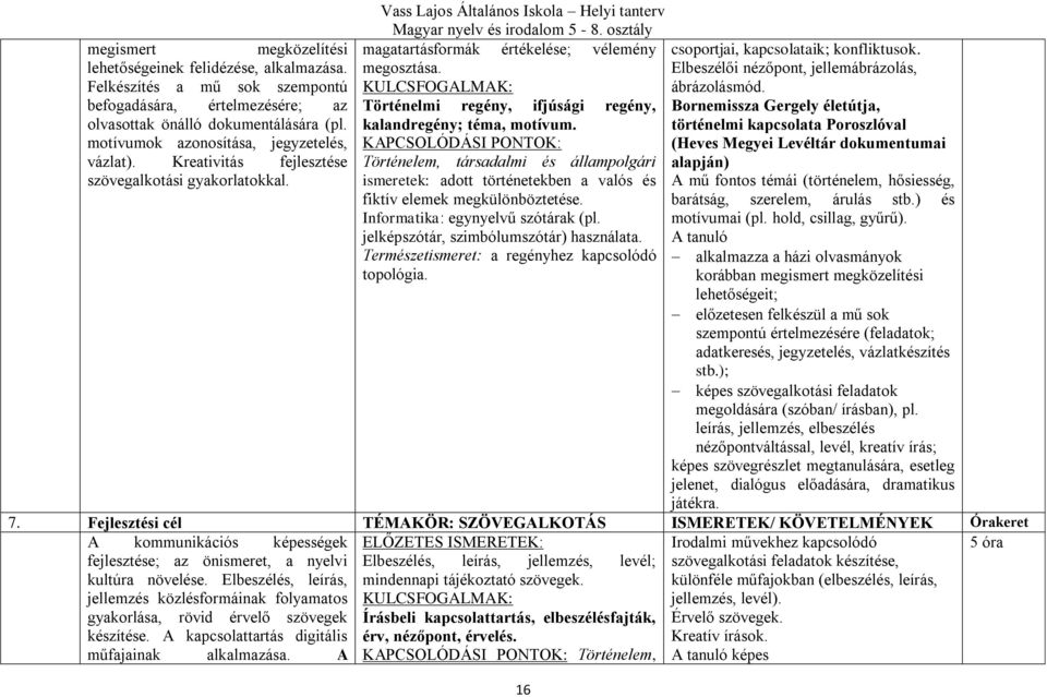 Vass Lajos Általános Iskola Helyi tanterv magatartásformák értékelése; vélemény csoportjai, kapcsolataik; konfliktusok. megosztása. Elbeszélői nézőpont, jellemábrázolás, KULCSFOGALMAK: ábrázolásmód.