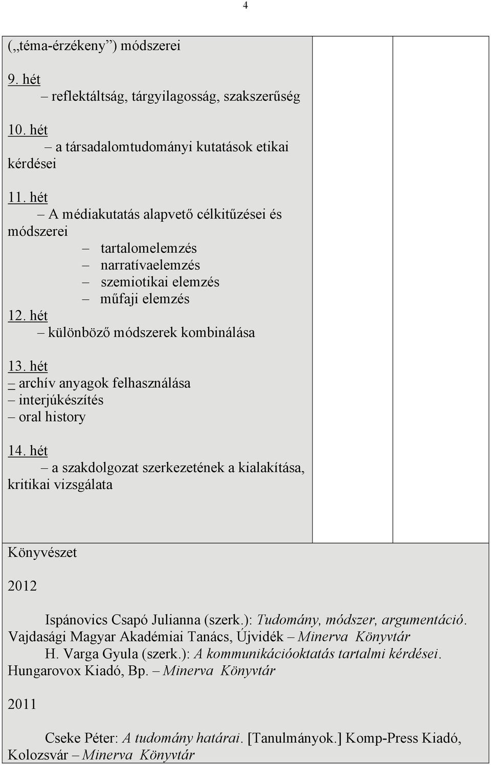 hét archív anyagok felhasználása interjúkészítés oral history 14. hét a szakdolgozat szerkezetének a kialakítása, kritikai vizsgálata Könyvészet 2012 Ispánovics Csapó Julianna (szerk.