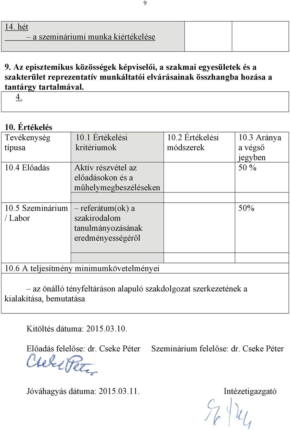 Értékelés Tevékenység típusa 10.1 Értékelési kritériumok 10.4 Előadás Aktív részvétel az előadásokon és a műhelymegbeszéléseken 10.2 Értékelési módszerek 10.3 Aránya a végső jegyben 50 % 10.