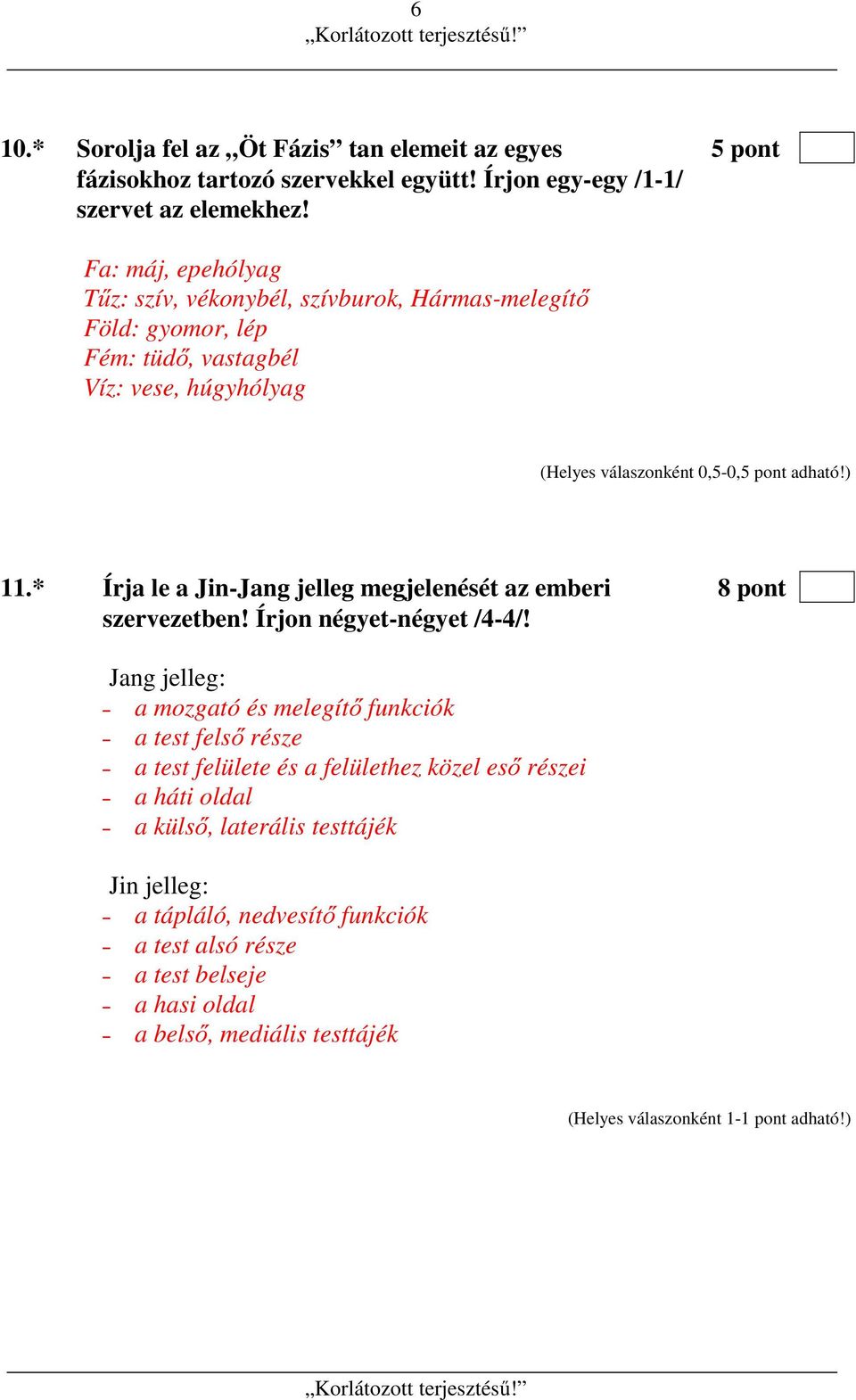 ) 11.* Írja le a Jin-Jang jelleg megjelenését az emberi 8 pont szervezetben! Írjon négyet-négyet /4-4/!