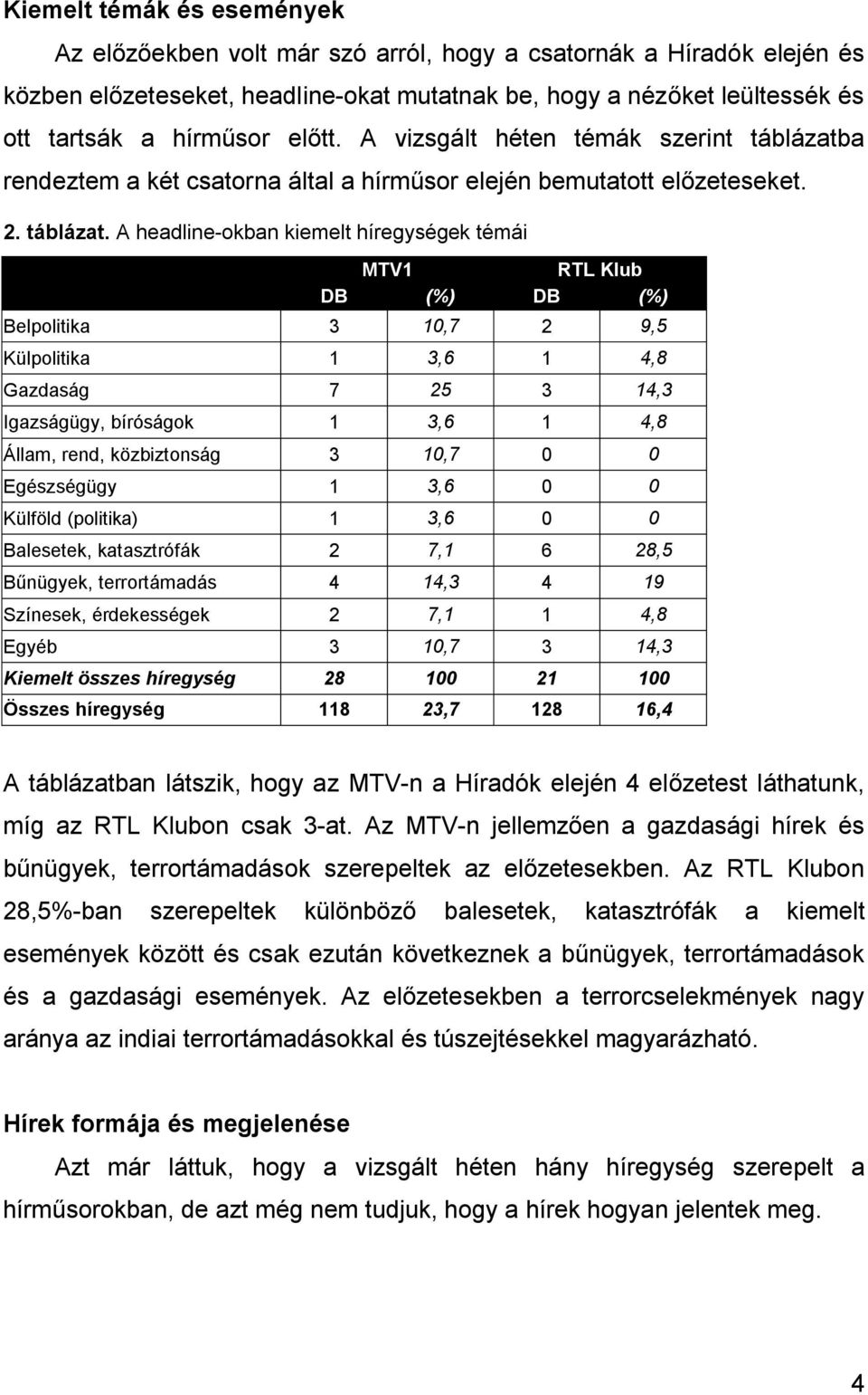 a rendeztem a két csatorna által a hírműsor elején bemutatott előzeteseket. 2. táblázat.