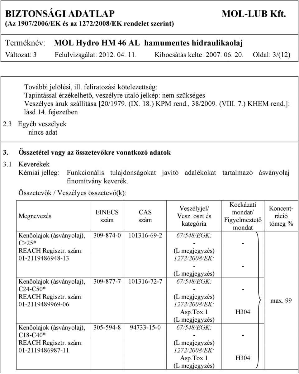 fejezetben 2.3 Egyéb veszélyek nincs adat 3. Összetétel vagy az összetevőkre vonatkozó adatok 3.