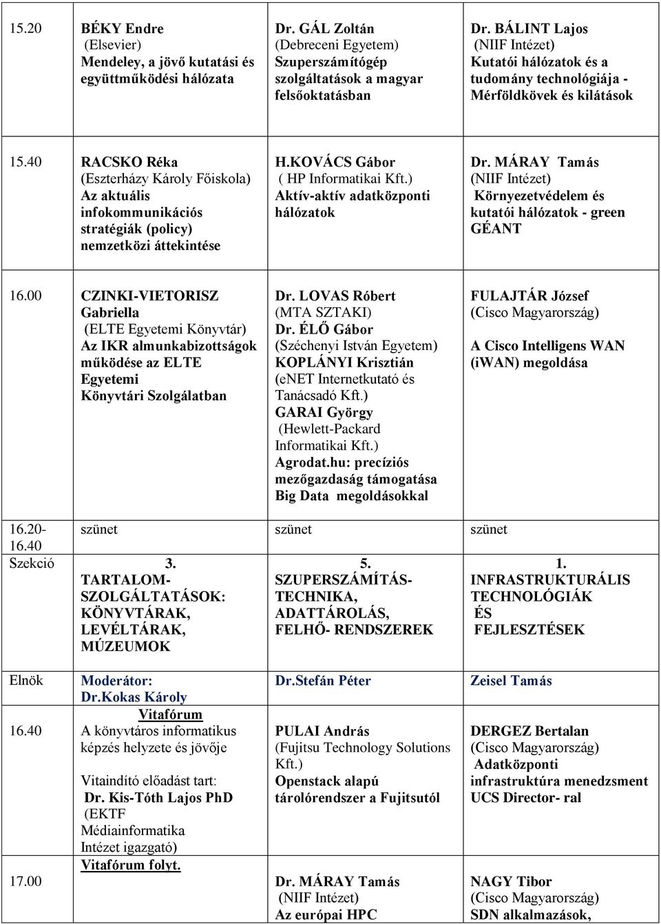 40 RACSKO Réka (Eszterházy Károly Főiskola) Az aktuális infokommunikációs stratégiák (policy) nemzetközi áttekintése H.KOVÁCS Gábor ( HP Informatikai Kft.) Aktív-aktív adatközponti hálózatok Dr.