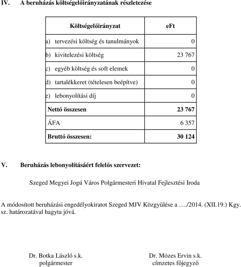 V. Beruházás lebonyolításáért felelős szervezet: Szeged Megyei Jogú Város Polgármesteri Hivatal Fejlesztési Iroda A módosított beruházási