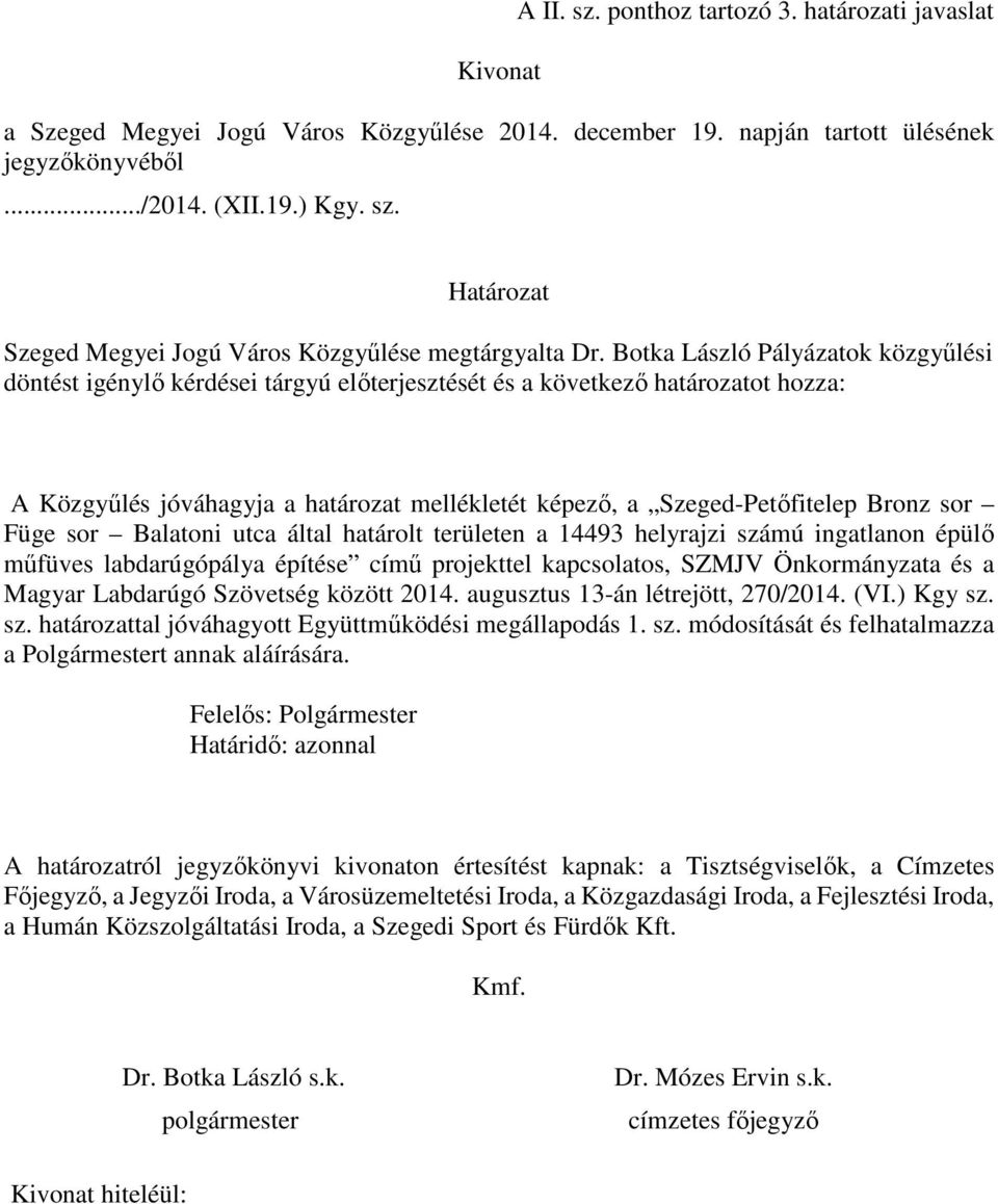 sor Füge sor Balatoni utca által határolt területen a 14493 helyrajzi számú ingatlanon épülő műfüves labdarúgópálya építése című projekttel kapcsolatos, SZMJV Önkormányzata és a Magyar Labdarúgó