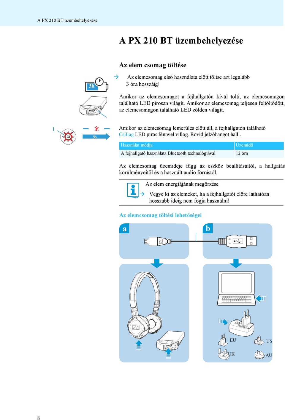 1 Amikor az elemcsomag lemerülés előtt áll, a fejhallgatón található 3s Csillag LED piros fénnyel villog. Rövid jelzőhangot hall.