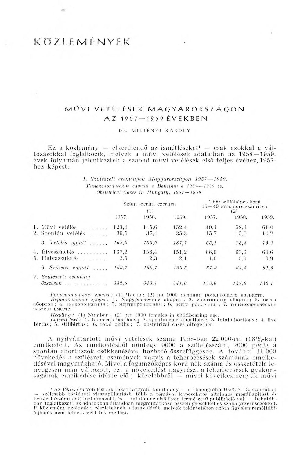 Гинекологические случаи в Венгрии «1957 1959 гг. Obstétrical Cases in Hungary, 1957 1959 Горизонтальная граф а: (1! Число; (2) па 1000 женщин рождающего возраста. Вертикальна:! граф а: 1.