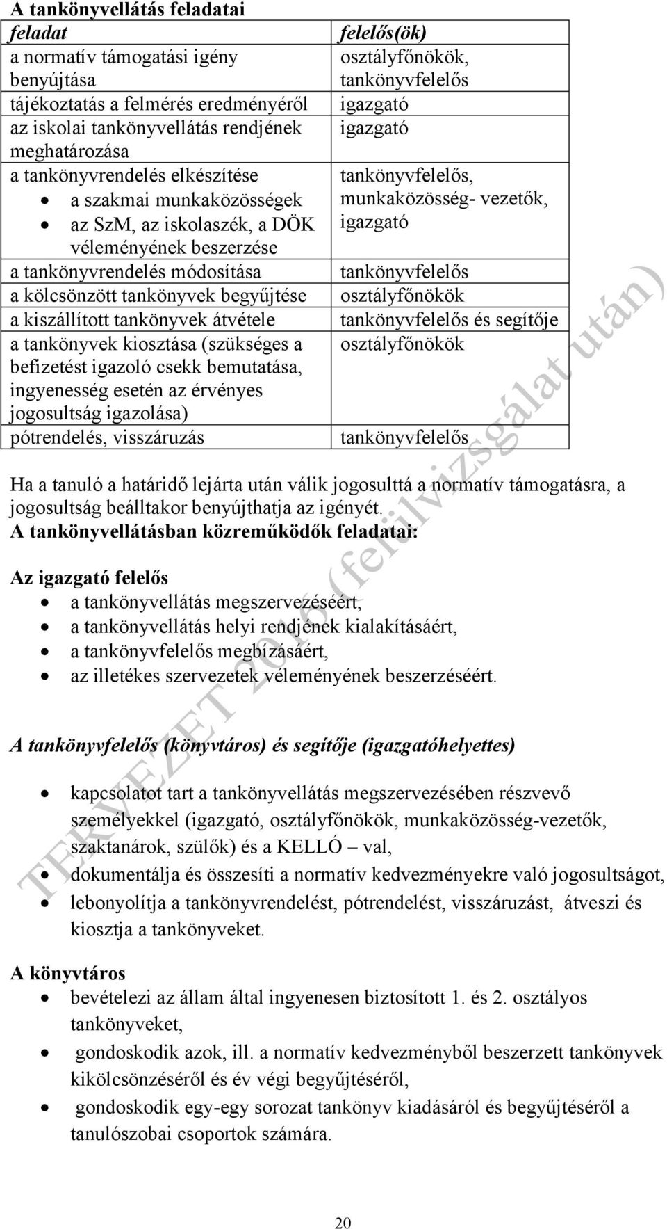 kiosztása (szükséges a befizetést igazoló csekk bemutatása, ingyenesség esetén az érvényes jogosultság igazolása) pótrendelés, visszáruzás felelős(ök) osztályfőnökök, tankönyvfelelős igazgató