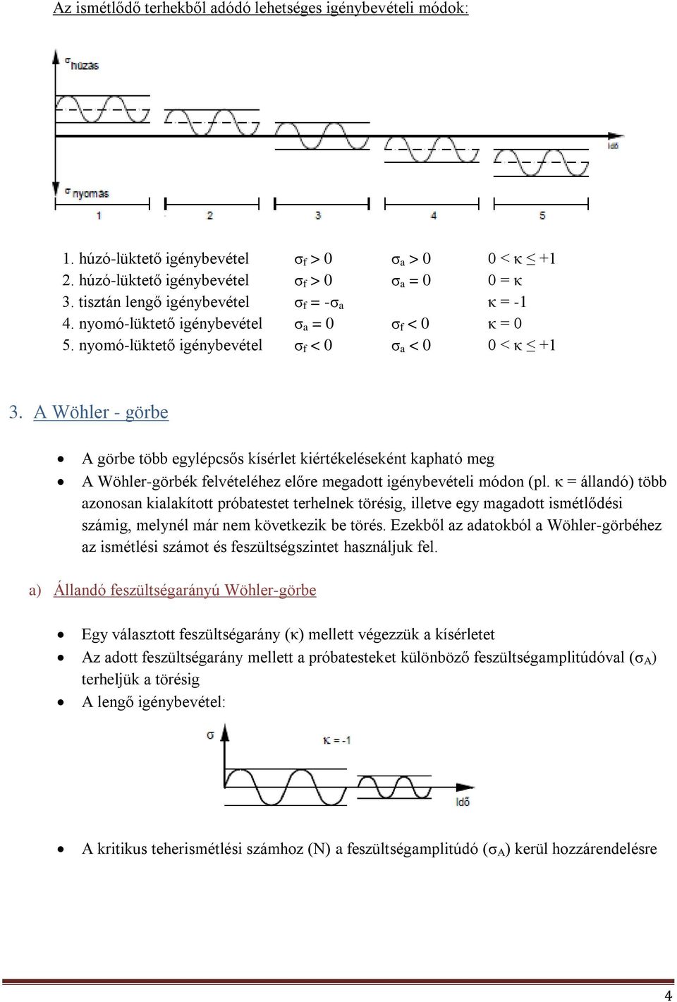 A Wöhler - görbe A görbe több egylépcsős kísérlet kiértékeléseként kapható meg A Wöhler-görbék felvételéhez előre megadott igénybevételi módon (pl.