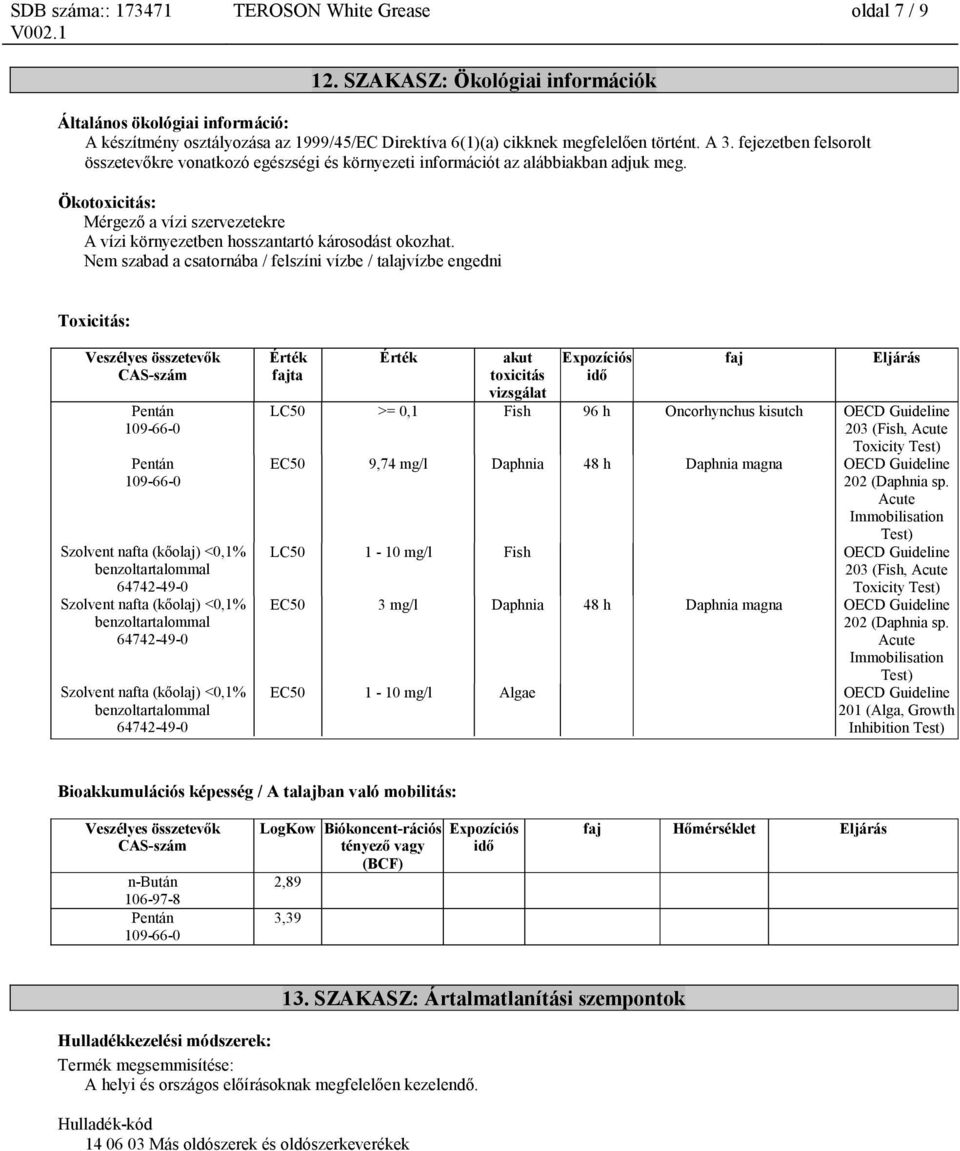 Ökotoxicitás: Mérgező a vízi szervezetekre A vízi környezetben hosszantartó károsodást okozhat.