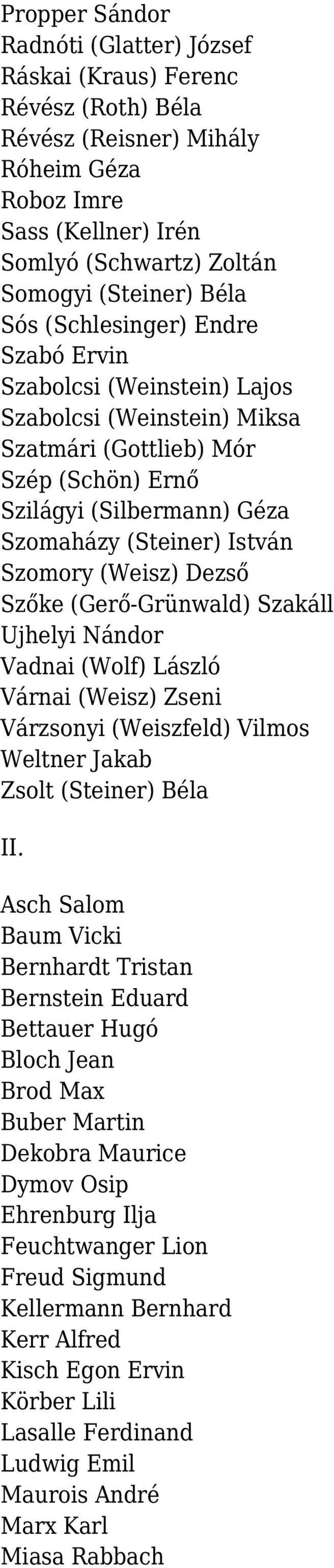 Dezső Szőke (Gerő-Grünwald) Szakáll Ujhelyi Nándor Vadnai (Wolf) László Várnai (Weisz) Zseni Várzsonyi (Weiszfeld) Vilmos Weltner Jakab Zsolt (Steiner) Béla II.