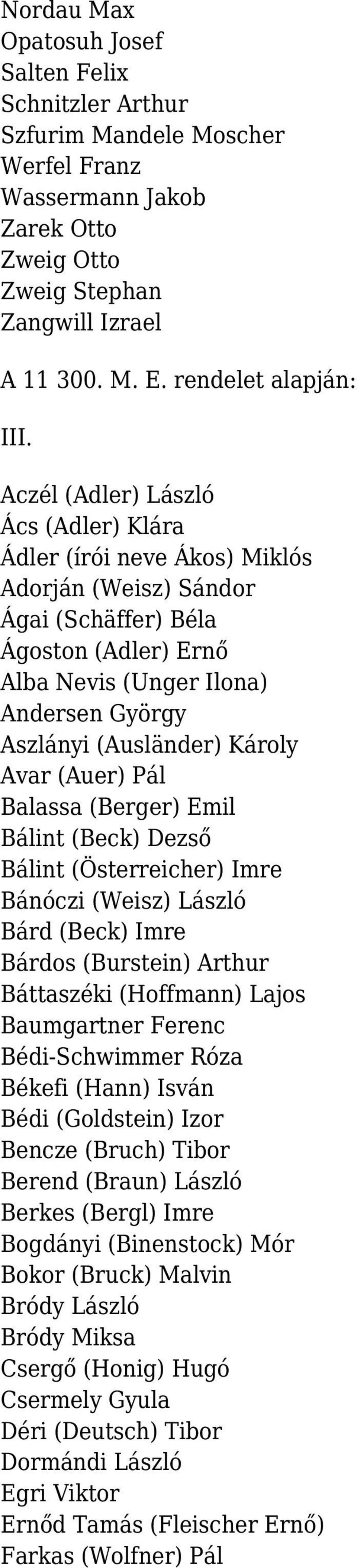 Aczél (Adler) László Ács (Adler) Klára Ádler (írói neve Ákos) Miklós Adorján (Weisz) Sándor Ágai (Schäffer) Béla Ágoston (Adler) Ernő Alba Nevis (Unger Ilona) Andersen György Aszlányi (Ausländer)