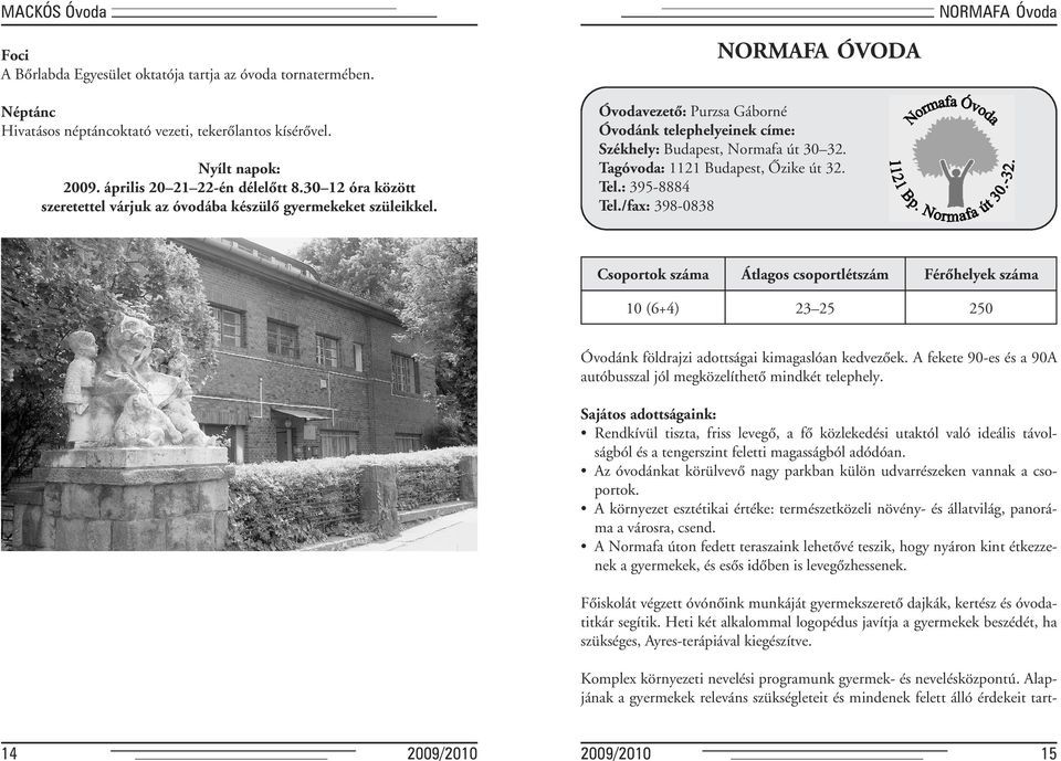 NORMAFA ÓVODA Óvodavezetô: Purzsa Gáborné Óvodánk telephelyeinek címe: Székhely: Budapest, Normafa út 30 32. Tagóvoda: 1121 Budapest, Ôzike út 32. Tel.: 395-8884 Tel.