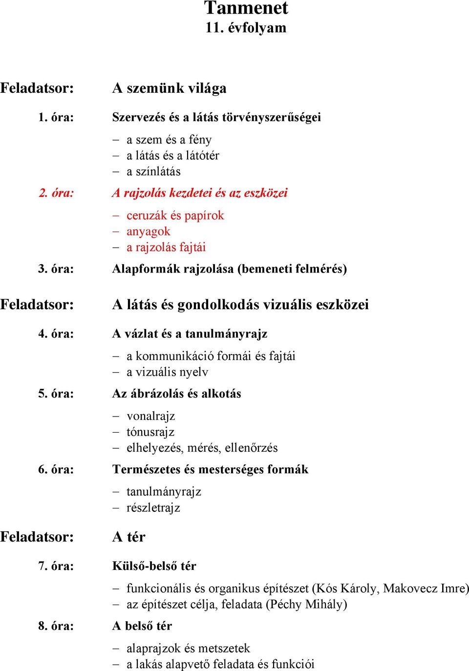 óra: A vázlat és a tanulmányrajz a kommunikáció formái és fajtái a vizuális nyelv 5. óra: Az ábrázolás és alkotás vonalrajz tónusrajz elhelyezés, mérés, ellenőrzés 6.