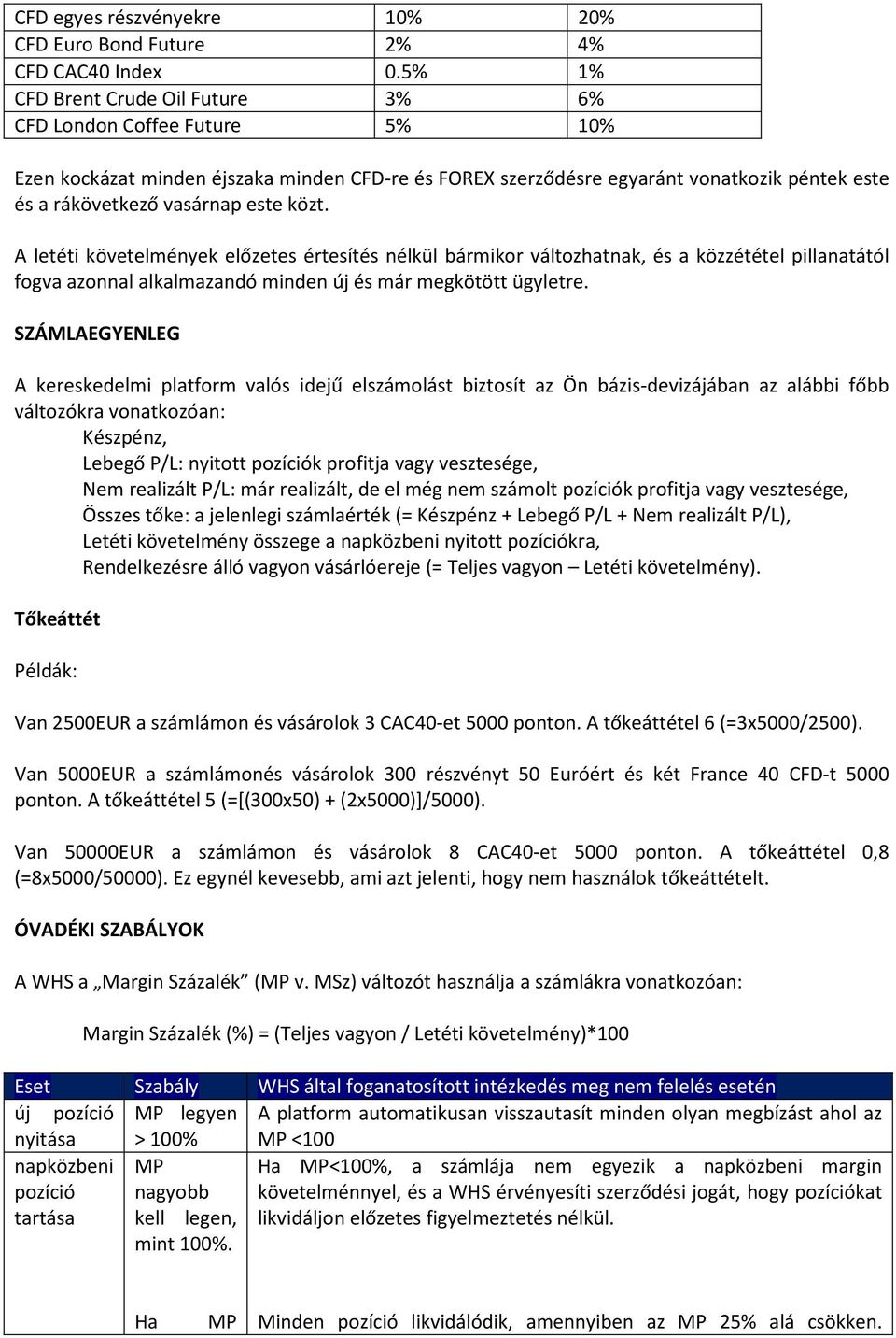 közt. A letéti követelmények előzetes értesítés nélkül bármikor változhatnak, és a közzététel pillanatától fogva azonnal alkalmazandó minden új és már megkötött ügyletre.