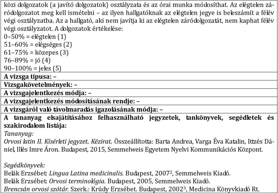 Az a hallgató, aki nem javítja ki az elégtelen záródolgozatát, nem kaphat félév végi osztályzatot.