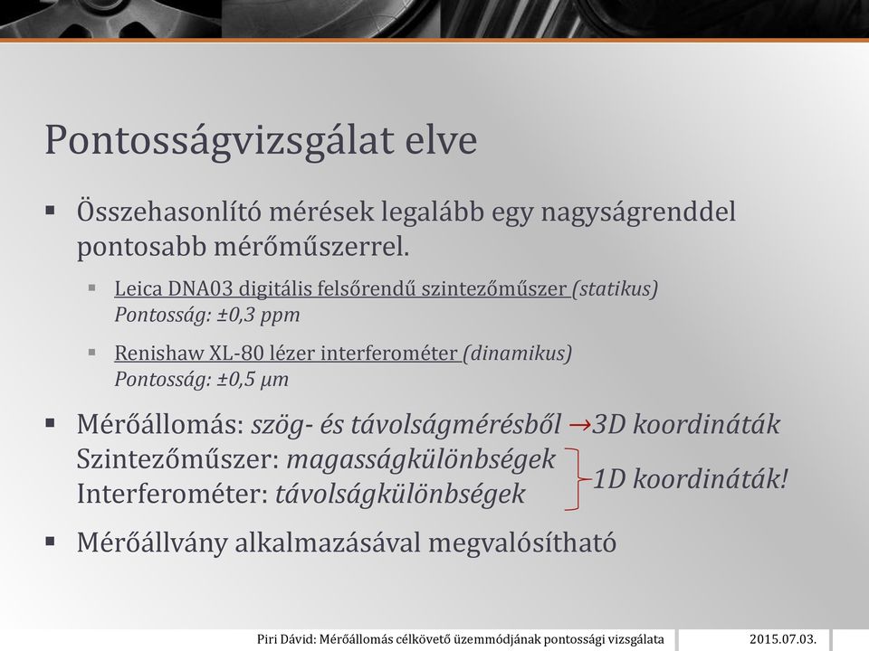 interferométer (dinamikus) Pontosság: ±0,5 μm Mérőállomás: szög- és távolságmérésből 3D koordináták