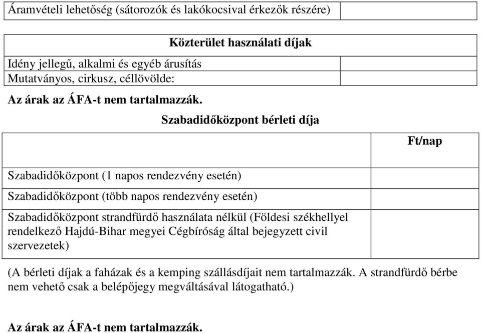 rendezvény esetén) Szabadidőközpont strandfürdő használata nélkül (Földesi székhellyel rendelkező Hajdú-Bihar megyei Cégbíróság által bejegyzett