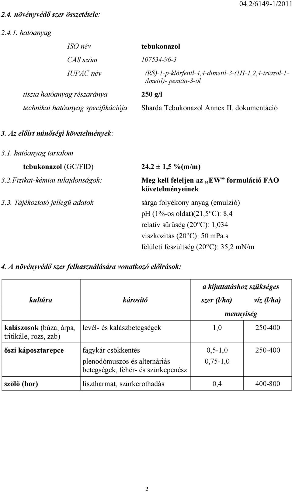 ilmetil)- pentán-3-ol 250 g/l Sharda Tebukonazol Annex II. dokumentáció 3. Az előírt minőségi követelmények: 3.1. hatóanyag tartalom tebukonazol (GC/FID) 3.2.Fizikai-kémiai tulajdonságok: 24,2 ± 1,5 %(m/m) Meg kell feleljen az EW formuláció FAO követelményeinek 3.