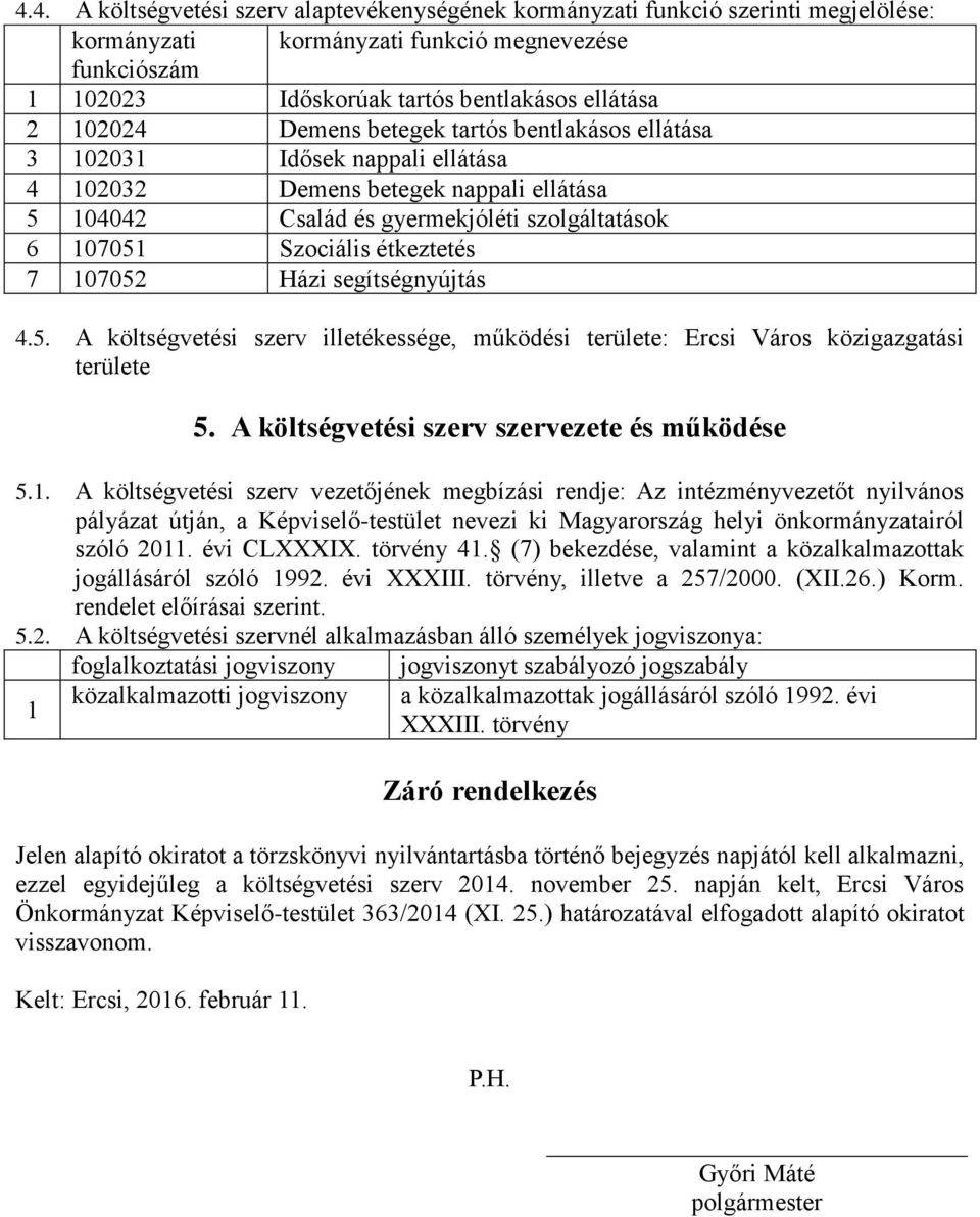 étkeztetés 7 107052 Házi segítségnyújtás 4.5. A költségvetési szerv illetékessége, működési területe: Ercsi Város közigazgatási területe 5. A költségvetési szerv szervezete és működése 5.1. A költségvetési szerv vezetőjének megbízási rendje: Az intézményvezetőt nyilvános pályázat útján, a Képviselő-testület nevezi ki Magyarország helyi önkormányzatairól szóló 2011.