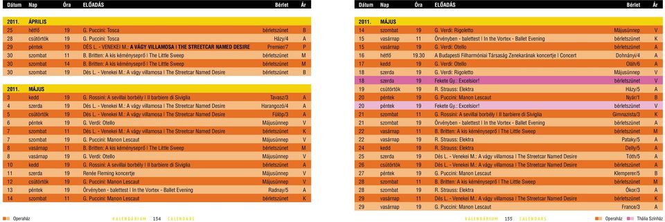 Britten: A kis kéményseprô The Little Sweep bérletszünet M 30 szombat 19 Dés L. - Venekei M.: A vágy villamosa The Streetcar Named Desire bérletszünet B 2011. május 3 kedd 19 G.